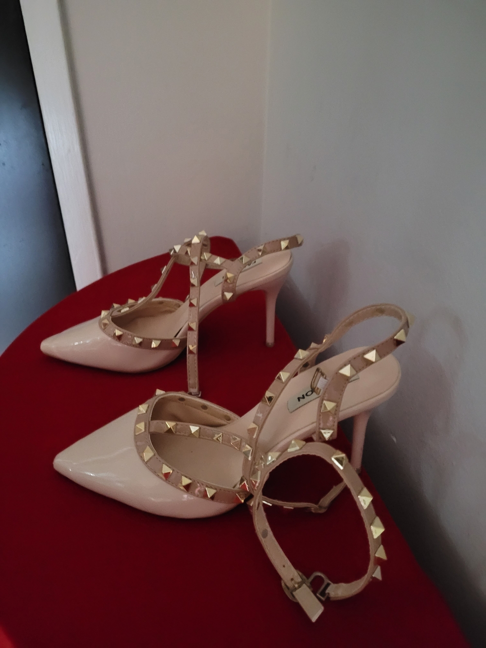Studded Pointed-Toe Slingback Heels in Blush Patent